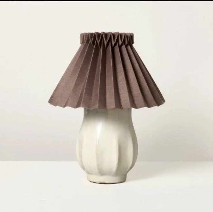 Ceramic with Brown Knife Pleat Shade Accent Table Lamp Sour Cream - Hearth & Hand with Magnolia
